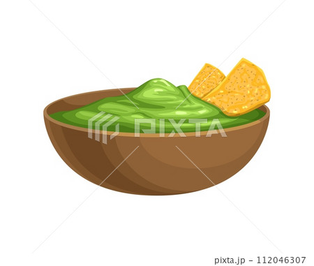 Mexican food, vector vibrant guacamole sauce bowl, brimming with creamy avocado goodness, and crispy nachos, creating a delectable fusion of textures and flavors for a satisfying snacking experience 112046307