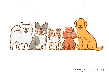笑顔で笑う犬の集合風景を描いたかわいい全身のペットイラストセット_白バック 笑顔で笑う犬の集合風景を描いたかわいい全身のペットイラストセット_白バック 112046310