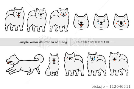 挿絵やアイコン使いもできる手書き感のある柴犬のかわいい白い犬・ペットイラストセット_白バック 挿絵やアイコン使いもできる手書き感のある柴犬のかわいい白い犬・ペットイラストセット_白バック 112046311