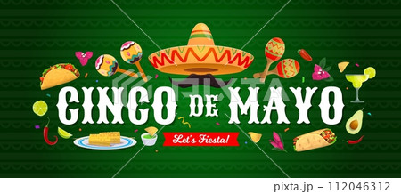 Cinco de Mayo Mexican holiday banner with sombrero and food, vector poster. Mexican Cinco de Mayo celebration and fiesta party maracas, margarita and burrito with taco, avocado guacamole and peppers 112046312