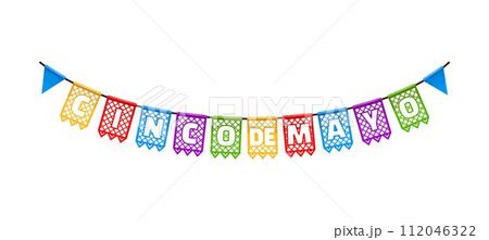 Mexican cinco de mayo holiday pennants. Isolated cartoon vector hanging papel picado flag garland, vibrant party decorations for celebration Hispanic heritage, symbolizing joy and cultural pride 112046322