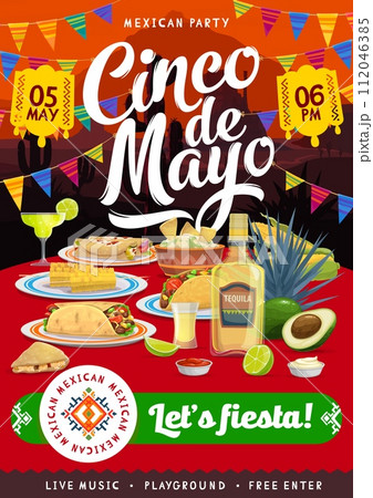 Mexican cinco de mayo holiday party flyer with tex mex food on festive table with traditional decor around. Tortilla, guacamole and nachos with corn or maize, burrito, tequila and lime, agave, avocado 112046385