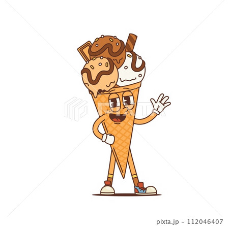 Cartoon ice cream cone groovy character. Isolated vector psychedelic summer dessert personage. Funny positive waffle cone wearing wide funky smile, exuding chill vibes and retro nostalgic charm 112046407
