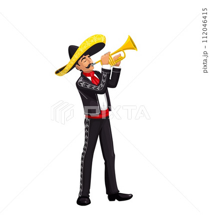 Mexican Cinco de Mayo holiday character, mariachi musician in sombrero with trumpet, isolated vector. Cinco de Mayo fiesta or carnival mariachi man playing mariachi music in national costume 112046415