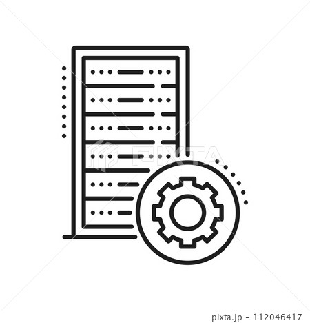 Network server, cloud storage, database backup icon. Remote server service, hosting datacenter, compute and connection infrastructure platform thin line vector pictogram. Web storage center line icon 112046417