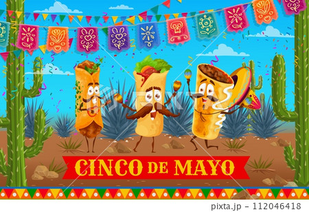Mexican burrito, enchilada and chimichanga food characters on holiday party. Vector festive banner with funny tex mex personages wear mariachi sombrero playing maracas, and guitar in decorated desert 112046418