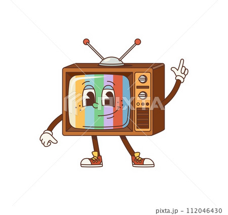 Cartoon tv groovy character. Isolated vector zany, retro television set personage with bright, psychedelic stripes on screen, animated, expressive eyes and wide, charismatic smile, exuding a 70s vibe Cartoon tv groovy character. Isolated vector zany, retro television set personage with bright, psychedelic stripes on screen, animated, expressive eyes and wide, charismatic smile, exuding a 70s vibe 112046430