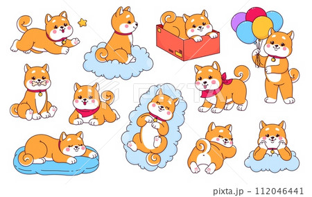 Cartoon kawaii shiba inu dog and puppy characters, cute pet animals vector personages. Funny japanese dogs sleeping and playing with bone toy, box, balloons, clouds, star. Happy shiba inu puppies set 112046441