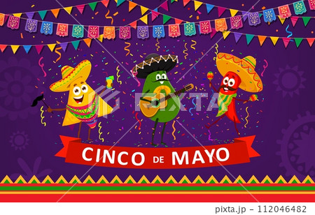 Nachos, avocado and chili pepper characters of Cinco de Mayo Mexican holiday, vector banner. Funny Mexican avocado in sombrero, mariachi pepper with maracas and papel picado for Cinco de Mayo fiesta Nachos, avocado and chili pepper characters of Cinco de Mayo Mexican holiday, vector banner. Funny Mexican avocado in sombrero, mariachi pepper with maracas and papel picado for Cinco de Mayo fiesta 112046482