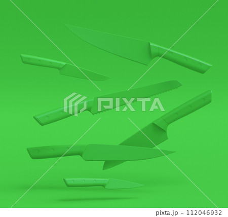 Wooden kitchen utensils, tools and equipment on green monochrome background. 112046932