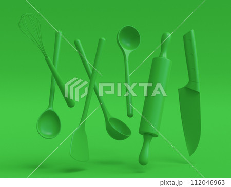 Wooden kitchen utensils, tools and equipment on green monochrome background. 112046963