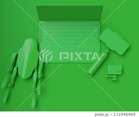 Top view of designer workspace and photography gear on monochrome table 112046969