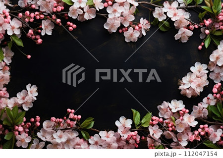 Ai generated Top view of tree branch with flowers on dark background with copy space 112047154