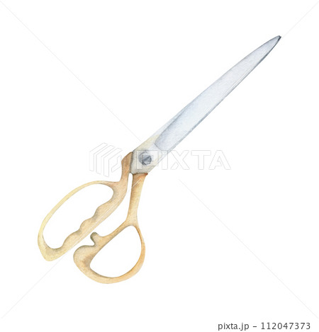 Hand drawn watercolor illustration sewing craft embroidery supplies tools. Fabric scissors shears thread cutting snips. Set of objects isolated on white background. Design atelier, tailor, hobby shop 112047373