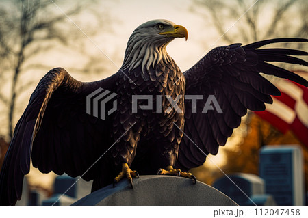 Bald Eagle standing on the toombstone at cemetery with american flag. Honoring the dead soldiers. Memorial Day concept. Ai generative 112047458