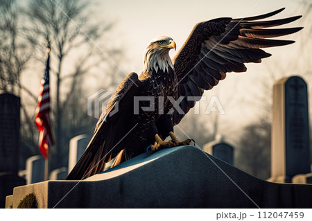 Bald Eagle standing on the toombstone at cemetery with american flag. Honoring the dead soldiers. Memorial Day concept. Ai generative 112047459
