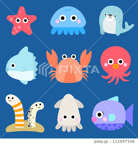 Cute Sea Animal in Children Style Cartoon fish Vector illustration Sea set Cute Sea Animal in Children Style Cartoon fish Vector illustration Sea set 112047548