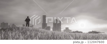 Monochrome Sentry: A Soldier's Vigil Overlooking the Urban Horizon 112047600