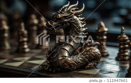 Chinese dragon figurine on the chess board. Generative Ai illustration 112047601