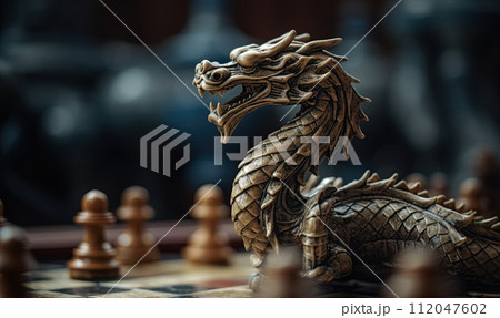 Chinese dragon figurine on the chess board. Generative Ai illustration 112047602