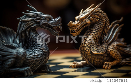 Chinese dragon figurines on the chess board. Generative Ai illustration 112047611