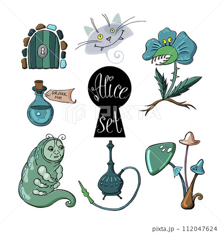 Alice in Wonderland Set with caterpillar, magic drink, door, keyhole, predatory flower, Cheshire cat and mushrooms. Vector illustration. Alice in Wonderland Set with caterpillar, magic drink, door, keyhole, predatory flower, Cheshire cat and mushrooms. Vector illustration. 112047624