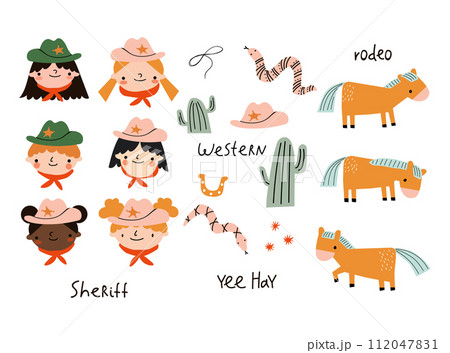 Set of Isolated Elements with Cartoon Cowboys, Snake, Cactus, Horses, Cowboy Hat, Lasso and Hand Lettering. Children's Wild West Design. Western. Set of Isolated Elements with Cartoon Cowboys, Snake, Cactus, Horses, Cowboy Hat, Lasso and Hand Lettering. Children's Wild West Design. Western. 112047831