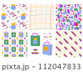 Teacher's Day. Back to School. Set of patterns and prints with Stationery. Multi-colored Pencils, Scissors, Vase, Multi- colored Package. Abstract seamless patterns. Teacher's Day. Back to School. 112047833