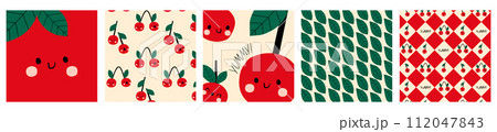 set of cards design and seamless patterns with cute fresh cherry and greenery. Summer print with Cherry. Cute print for fabric or wallpaper. Cute berry character illustration set of cards design and seamless patterns with cute fresh cherry and greenery. Summer print with Cherry. Cute print for fabric or wallpaper. Cute berry character illustration 112047843