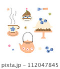 Isolated objects on white: vase with flowers, socks, tea, notepad, pencil, bag with blueberries, berry cake, pie, teapot and bow. Vector illustration 112047845