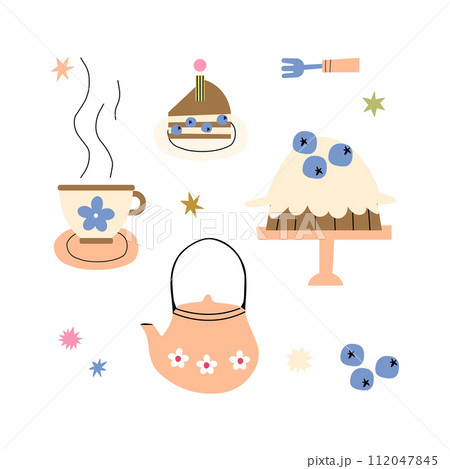 Isolated objects on white: vase with flowers, socks, tea, notepad, pencil, bag with blueberries, berry cake, pie, teapot and bow. Vector illustration 112047845