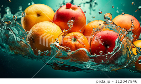 Fresh fruits - Oranges and apples falling in water and making a splash. Refreshing, vibrant summer concept. Ai generative 112047846