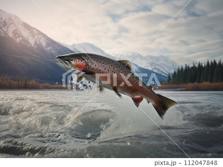 Salmon jumping out of water in Alaskan river. Generative Ai 112047848