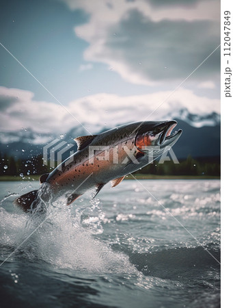 Salmon jumping out of water in Alaskan river. Generative Ai 112047849