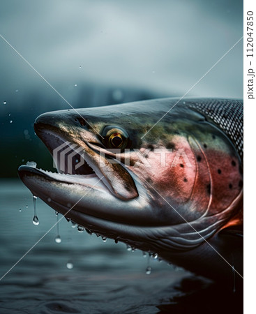 Salmon head closeup in Alaskan river. Generative Ai image 112047850