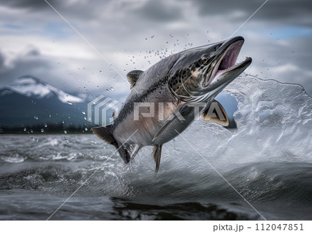 Salmon jumping out of water in Alaskan river. Generative Ai 112047851