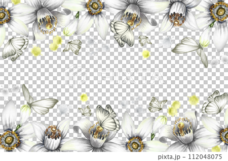A border with orange flowers, a fragrant orange tree flower. A frame of citrus flowers with butterflies. Hand-drawn watercolor illustration. For packaging perfumes, postcards and labels. For banners. A border with orange flowers, a fragrant orange tree flower. A frame of citrus flowers with butterflies. Hand-drawn watercolor illustration. For packaging perfumes, postcards and labels. For banners. 112048075