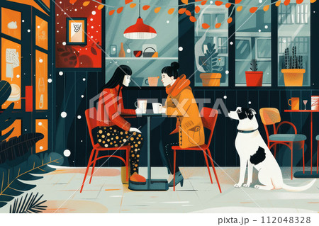 AI-generated content. two women with dog in scandinavian cafe with coffee 112048328