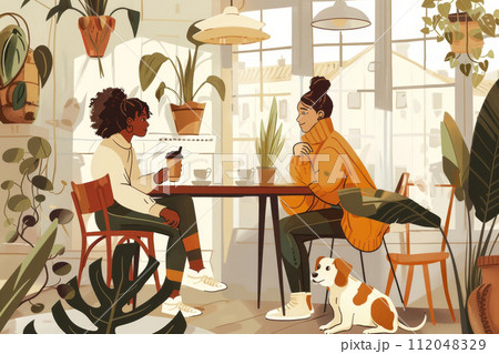 AI-generated content. two women with dog in scandinavian cafe with coffee, different skin color women AI-generated content. two women with dog in scandinavian cafe with coffee, different skin color women 112048329
