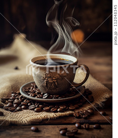 Cup of coffee and roasted coffee beans on the table in old, rustic kitchen. Ai Generative image Cup of coffee and roasted coffee beans on the table in old, rustic kitchen. Ai Generative image 112048345