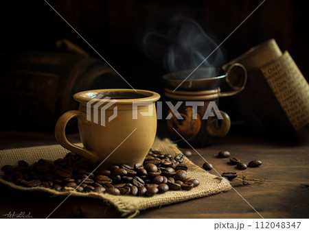 Cup of coffee and roasted coffee beans on the table in old, rustic kitchen. Ai Generative image 112048347