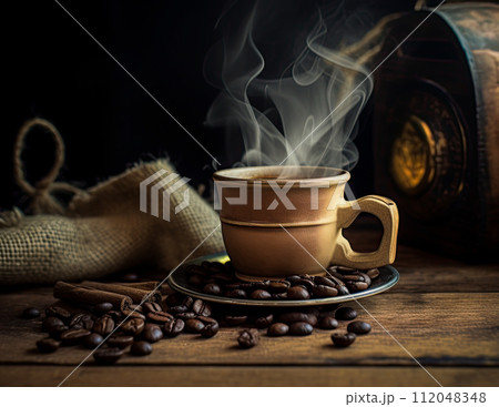 Cup of coffee and roasted coffee beans on the table in old, rustic kitchen. Ai Generative image 112048348