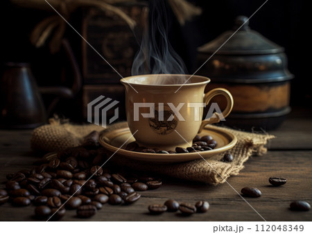 Cup of coffee and roasted coffee beans on the table in old, rustic kitchen. Ai Generative image 112048349