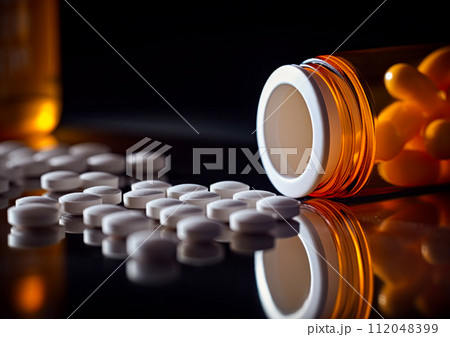 Oxycodone, Opioid prescription pills spilled onto a table. Addiction prescription pain killer tablets. Ai Generative image 112048399