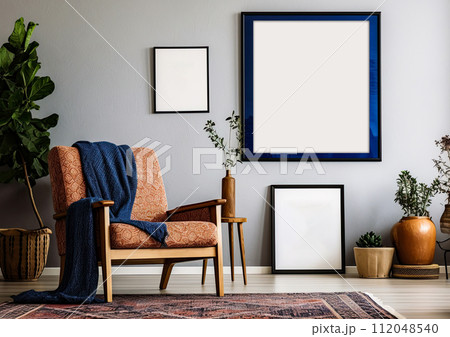 Three picture frames on the wall in living room. Mock up interior design. Empty space for a text or image. Copy space, add photo, image or logo. Ai generative 112048540