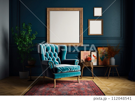 Three picture frames on the wall in living room. Mock up interior design. Empty space for a text or image. Copy space, add photo, image or logo. Ai generative 112048541