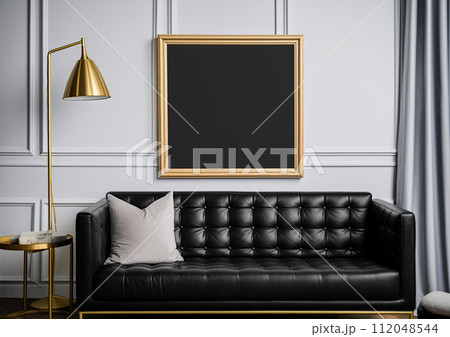 Picture mock up on the wall in living room with sofa and a lamp. Empty space for a text or image. Copy space, add design. Ai generative 112048544