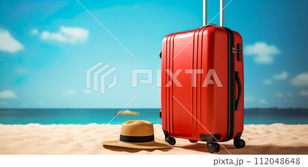 Red suitcase and straw hat at the sandy tropical beach. Travel , summer holidays, vacation concept. Ai Generative image 112048648