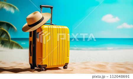 Suitcase and straw hat at the sandy tropical beach. Travel , summer holidays, vacation concept. Blank space for text or logo. Generative Ai 112048691