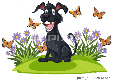 Happy Dog Amongst Butterflies and Flowers 112048787